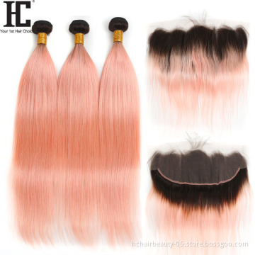 HC Hair Rose Gold Ombre Hair Bundles with frontal Brazilian Remy Human Hair Ombre 1B Pink Straight 3 Bundles With Lace Frontal